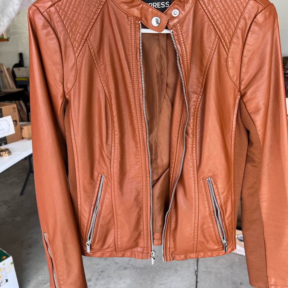 Express Tan Leather Moto Jacket with Quilted Details